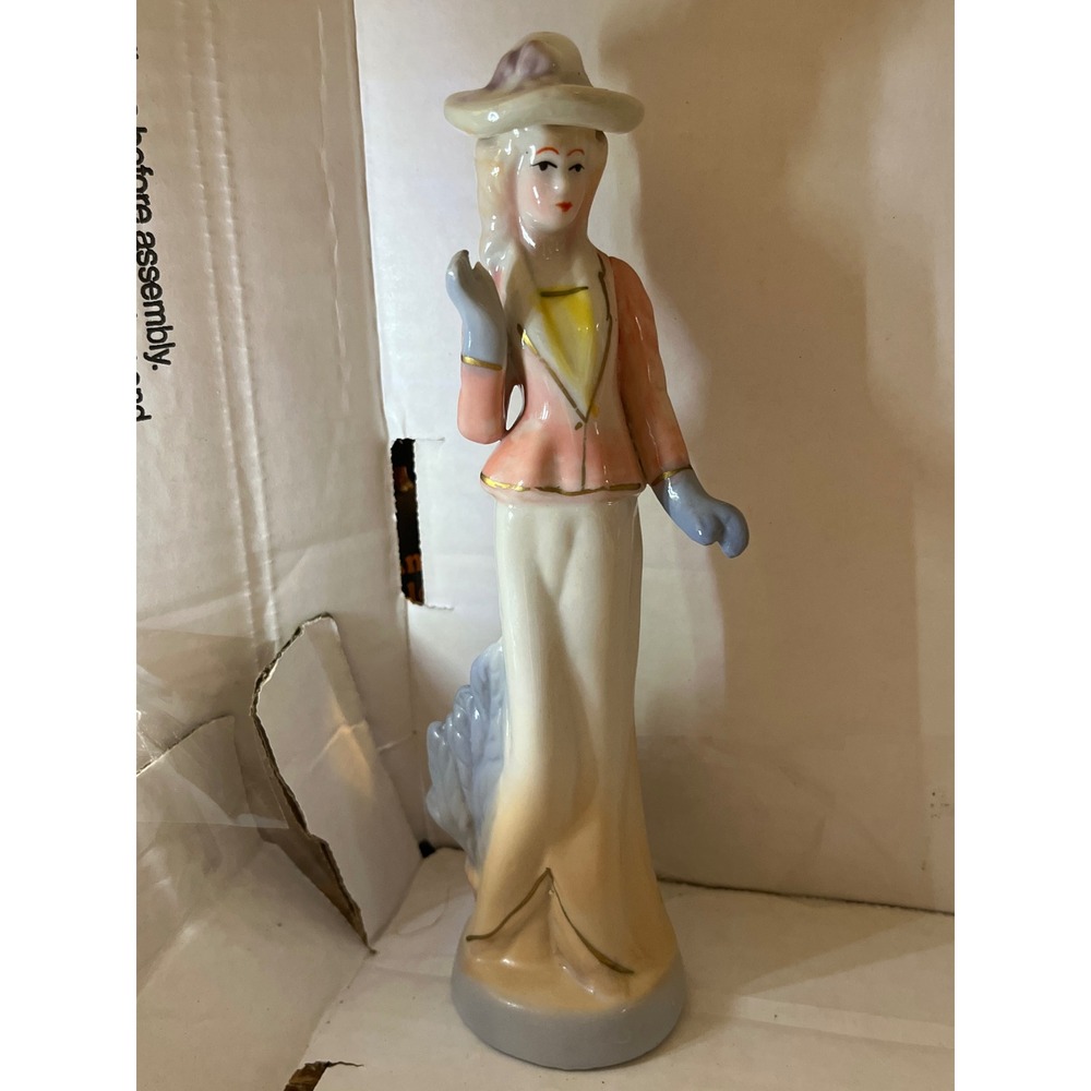 Victorian Lady Porcelain Figurine‎ Peach Blue Gold Accents 8 Inch Statuette